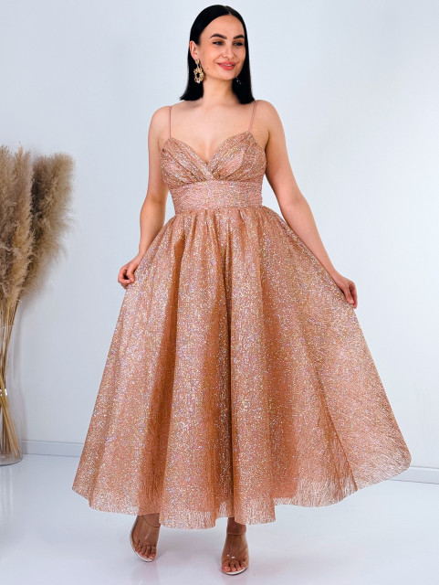Dámské růžové třpytivé midi šaty s velkou sukní