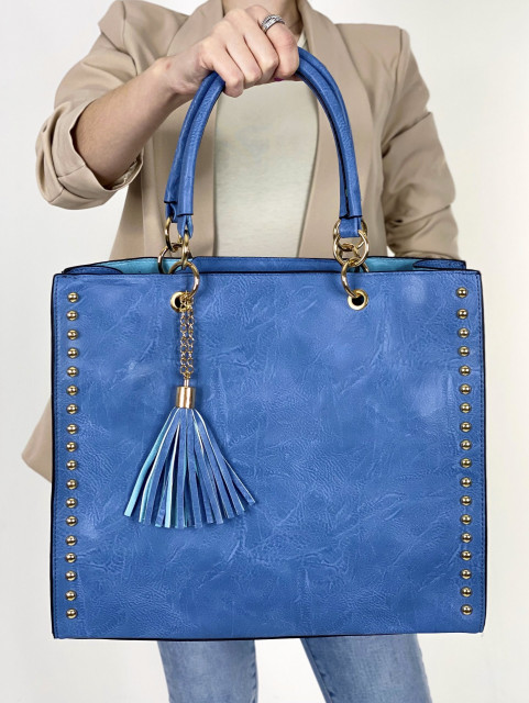 Dámská velká kabelka s kapsičkou a cvoky - světle modrá