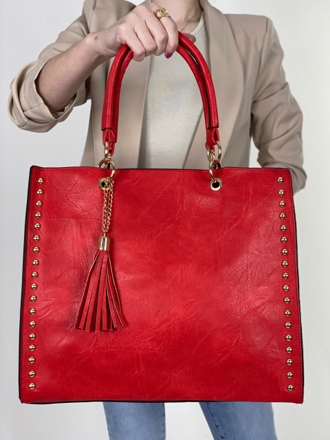 Dámská velká kabelka s kapsičkou a cvoky - červená